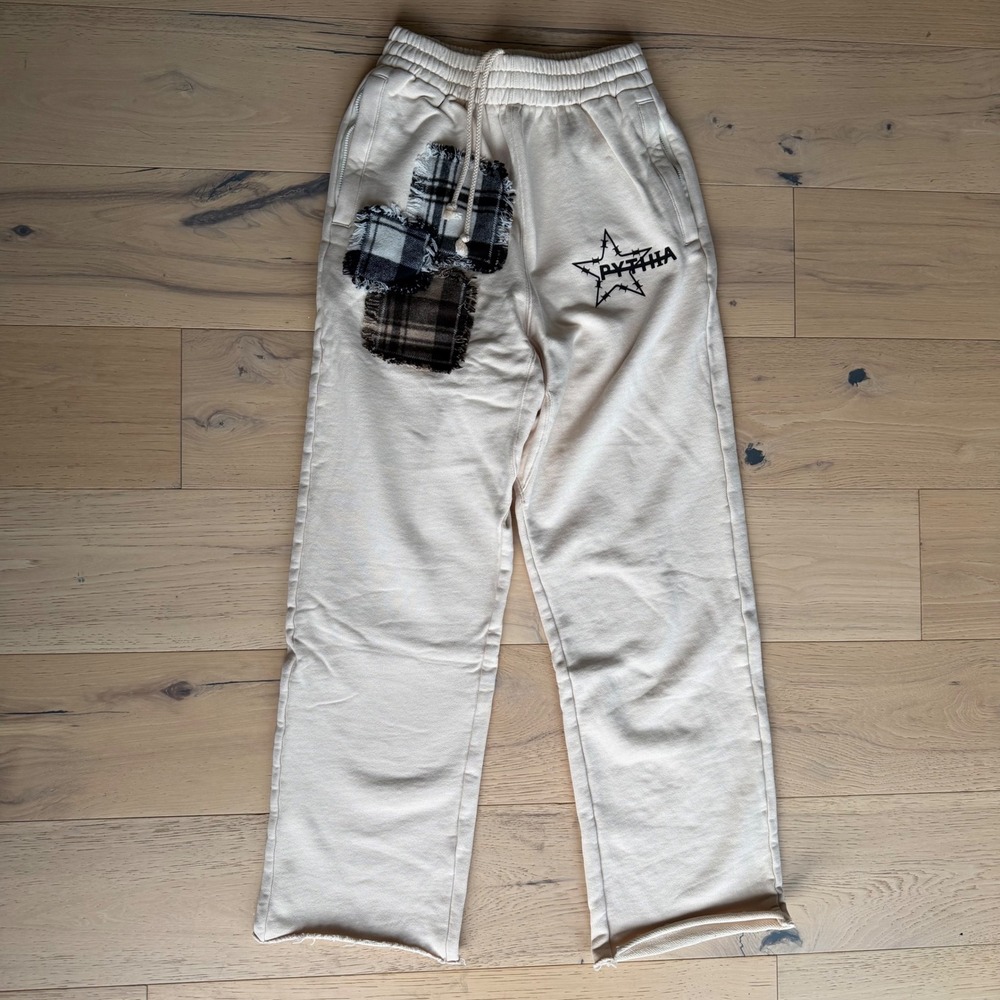 Pythia Los Angeles Cream Plaid Patch Star Logo Sweatpants Mens Small Streetwear